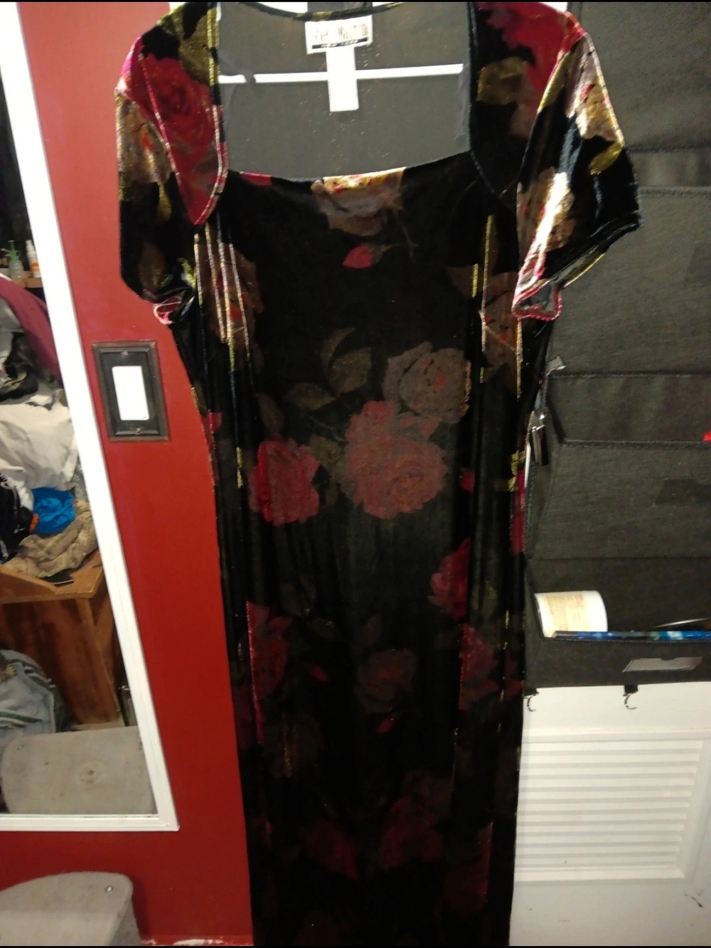 Sheri Martin Black Velvet Maxi Dress with Red and Gold Floral